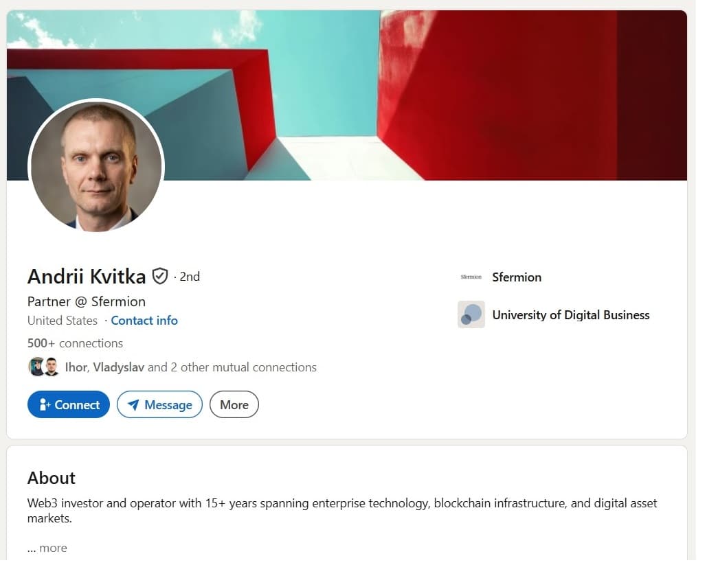 Verified LinkedIn profile of a Web3 Ventures Partner based in the United States, with NFC ID verification